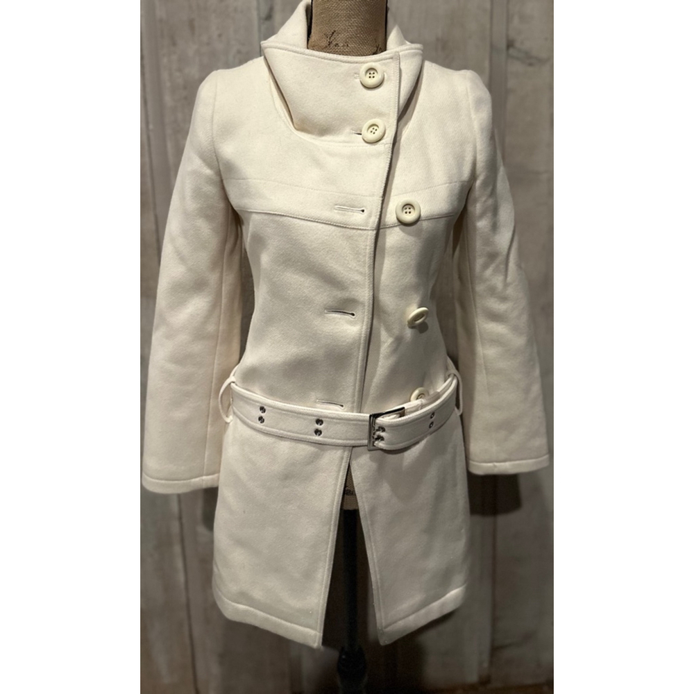 Vintage Belted Mod Women's No Rose Without A Thorn B7 White Wool Trench Coat XS